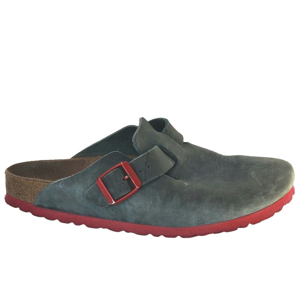 Birkenstock Gray Blue Clogs with Red soles & buckles - Picture 3 of 7